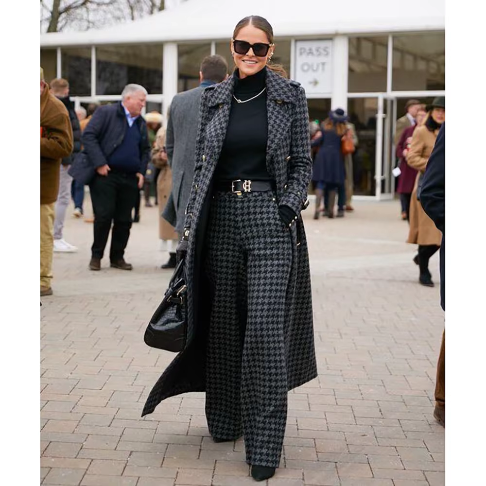 Elegant Houndstooth Women Suits 2 Piece Peak Lapel Formal Casual Prom Party Pants Sets Blazer with Pants
