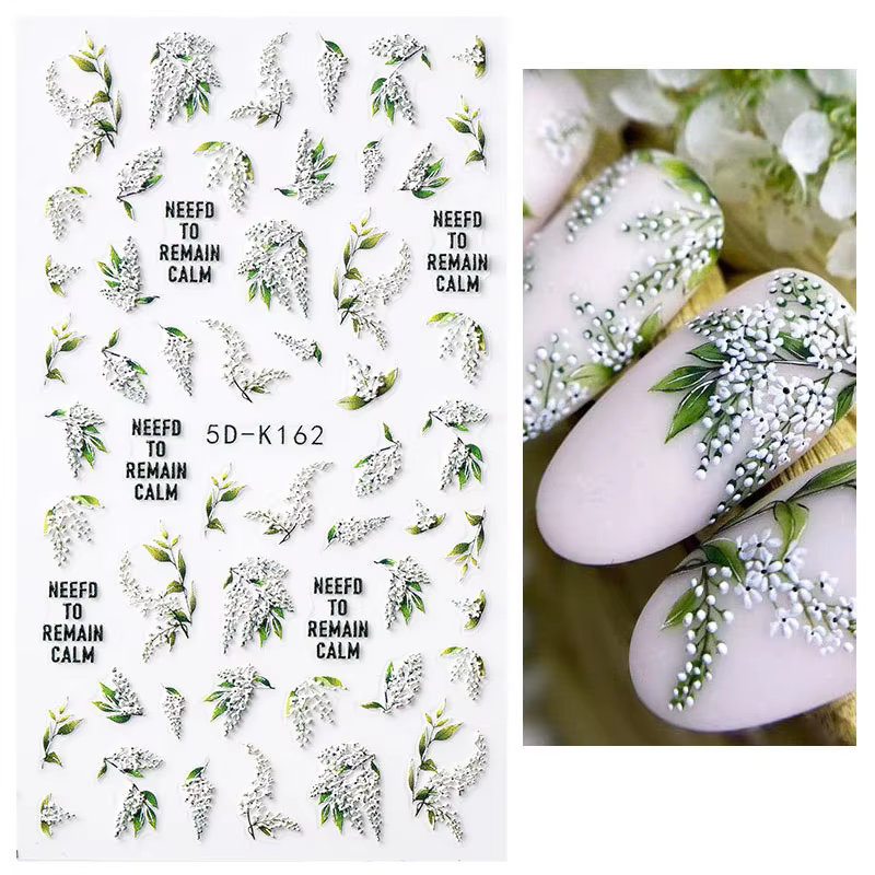 5D Embossed Flower Nail Art Stickers White Tulip Flower Engraved Wedding Slider Geometry Line Leaves Butterfly Nail Decals