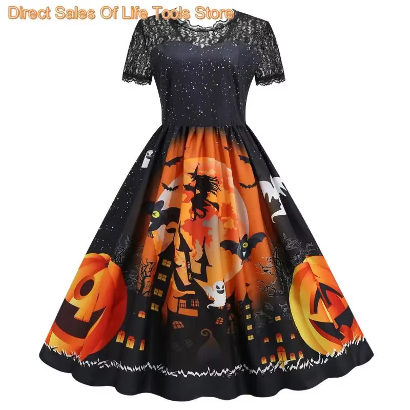Skull Print Halloween Costumes for Women Long Sleeve 1950s Housewife Evening Party Prom Dress Elegant Scary Cosplay Costumes