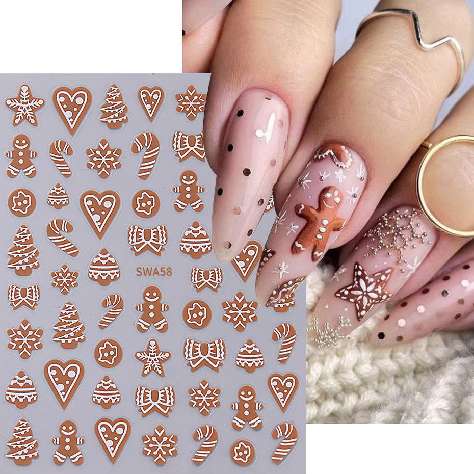 Christmas Nail Stickers 3D Self-Adhesive Sliders Winter Snowflakes Gingerbread Man Elk Star Decals Nail Supplies Manicure Decor