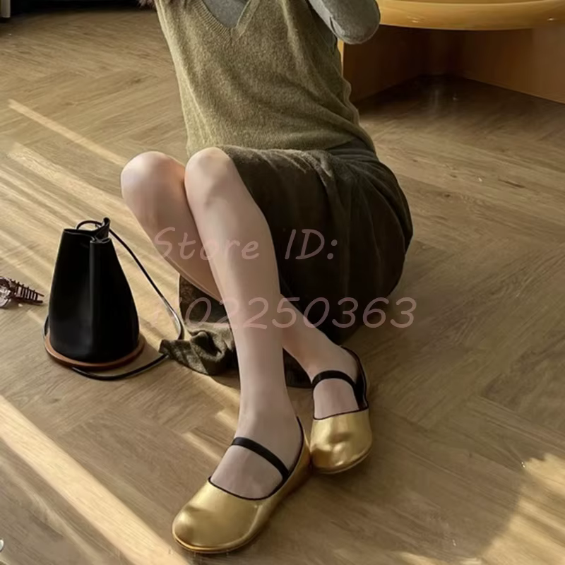 Gold Elastic Band Straps Flat-with Ballet Solid Round Toe Leather Shallow Mary Jane Shoes 2024 Women New Concise Dress Shoes
