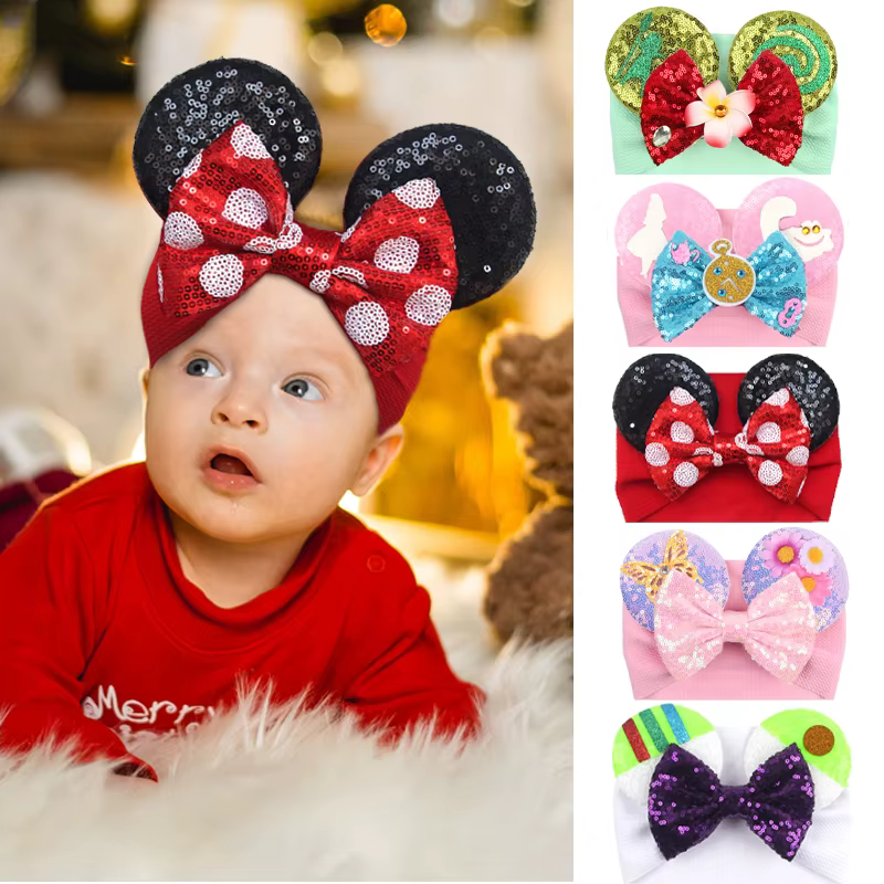 2024 Trendy Disney Ears Headband Kids Girls Festival Sequin 5"Hair Bow Headwrap Baby Turban Christmas Party DIY Hair Accessories