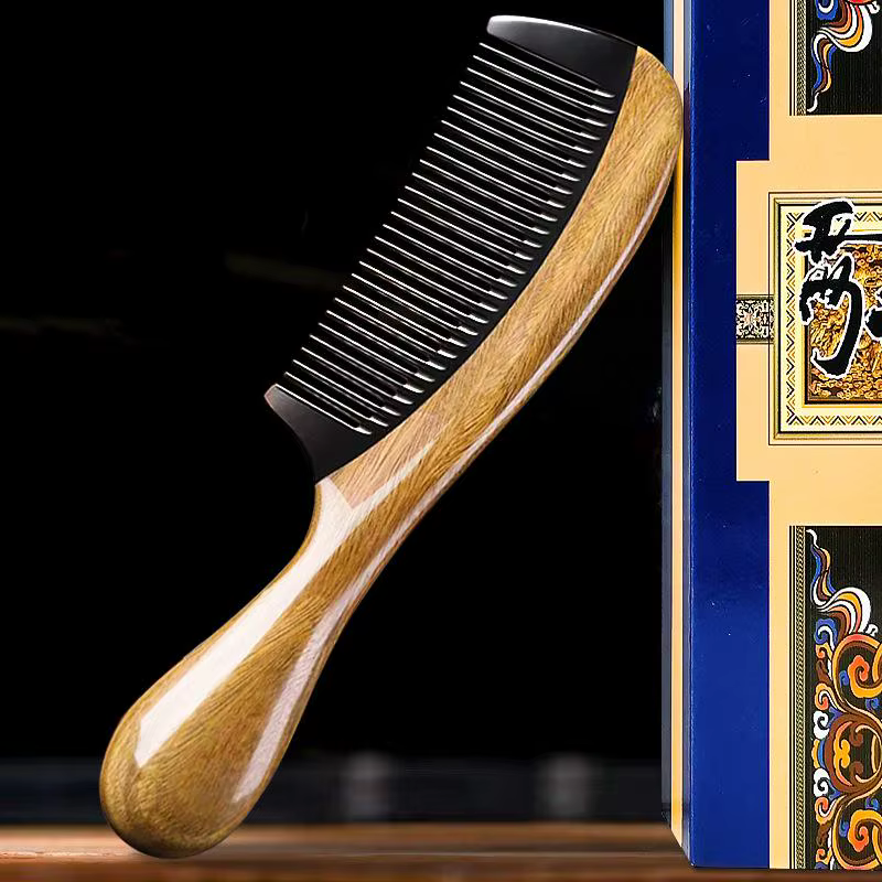 Handmade Natural Green Sandalwood with Buffalo Horn Hair Comb Anti-Static Fine Wide Tooth Hair Detangler Head Scalp Massage
