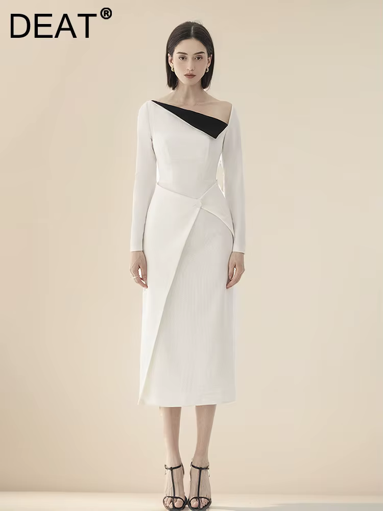 DEAT Elegant Dress Collar Cross Contrast Color Diagonal Split Waist Women's Evening Dresses 2024 Spring New Fashion 13DB4554