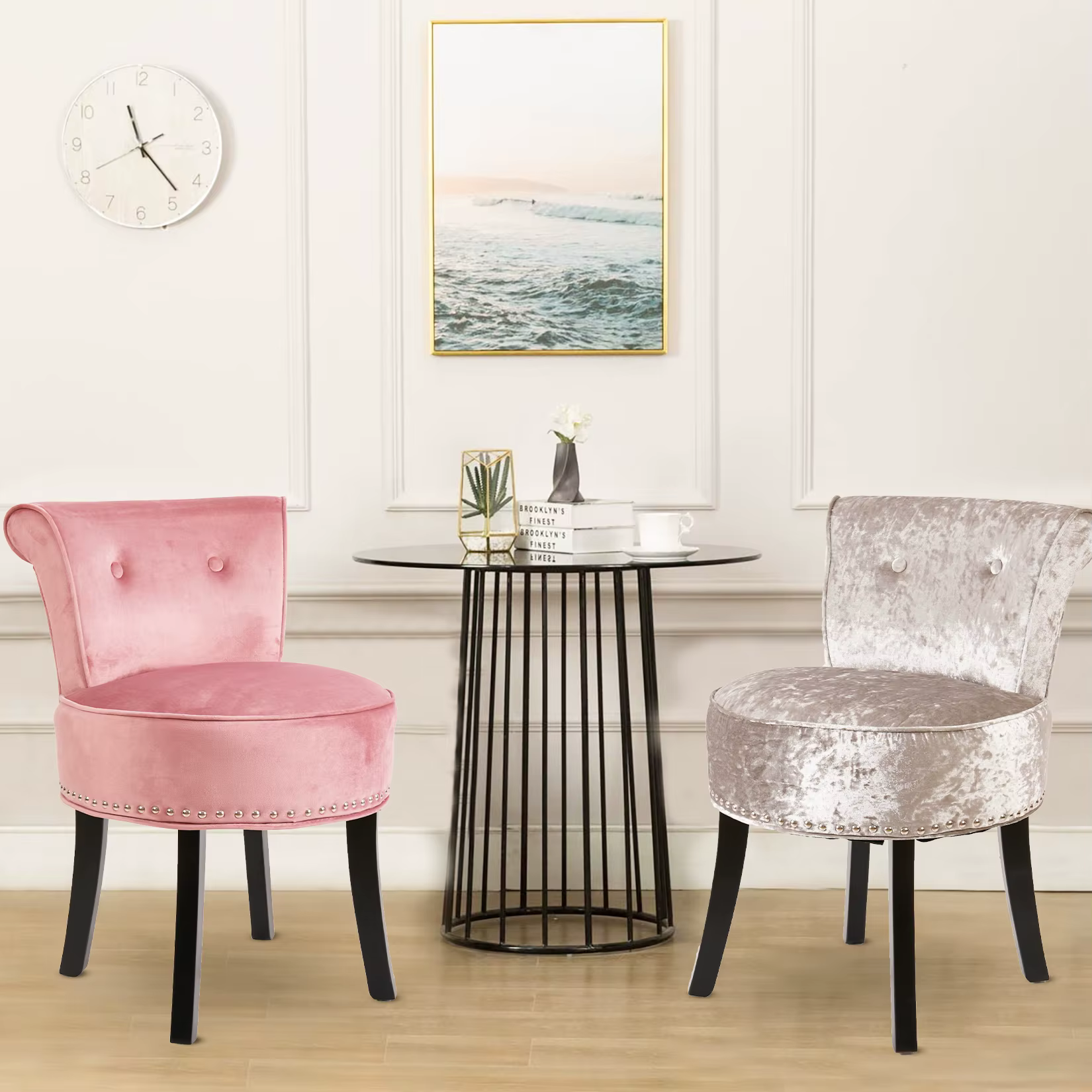 Vanity Stool Chair Makeup with Upholstered Round Velvet  Padded Chair with Wood Legs Grey Pink