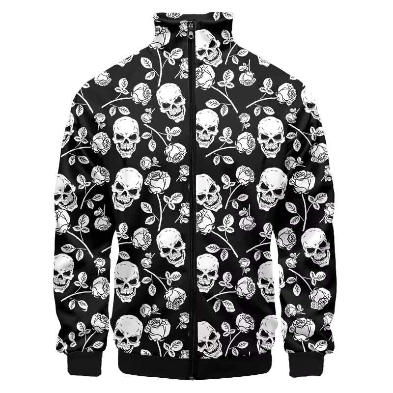 Mens 3D Printed Pink Rose Skull Zip Jacket For Men Clothing Funny Mens Designer Clothes Streetwear Coat Tops High Quality Jacket