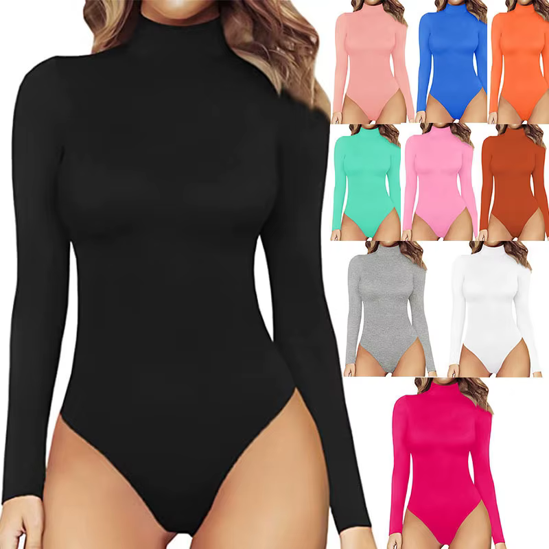 Women's Turtle Neck Long Sleeve Bodysuits Basic Slim Fit Double Lined Lightweight Layering Fall Winter Tops