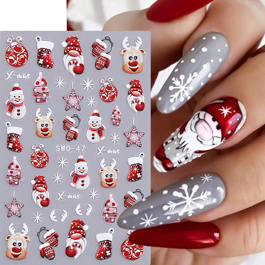 Santa Claus Cartoon Nail Stickers Christmas Snowman Gloves Self Adhesive Sliders Nail Art Decals Snowflake Manicure Decoration