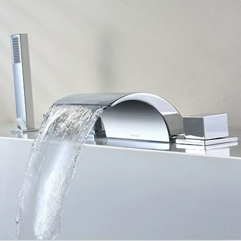 Silver 5 Hole Bathroom Bathtub Waterfall Faucet Chrome Tub Sink Mixer Tap Hand Shower Tap Set