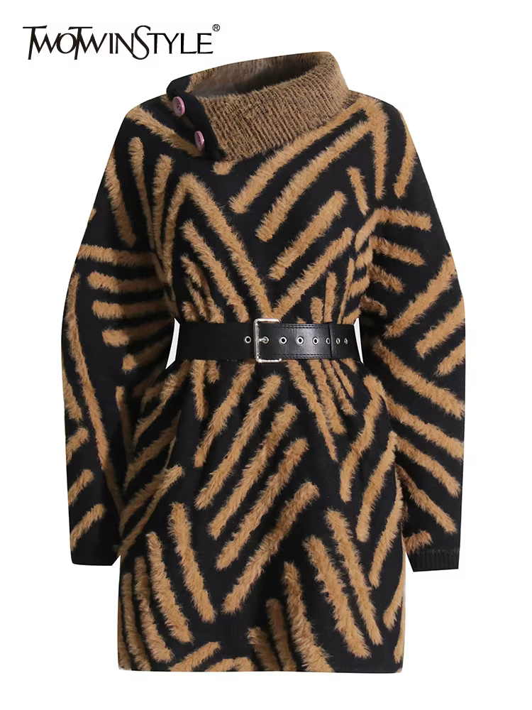 TWOTWINSTYLE Hit Color Casual Sweater For Women Turtleneck Long Sleeve Sashes Print Casual Sweaters Female Fashion New Spring