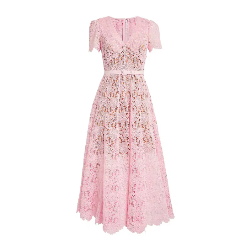 JAMERARY Brand Designer Holiday Pink Lace Embroidery Prom Dress Women Short Sleeve Evening Long Vestidos Midi Robe Belt