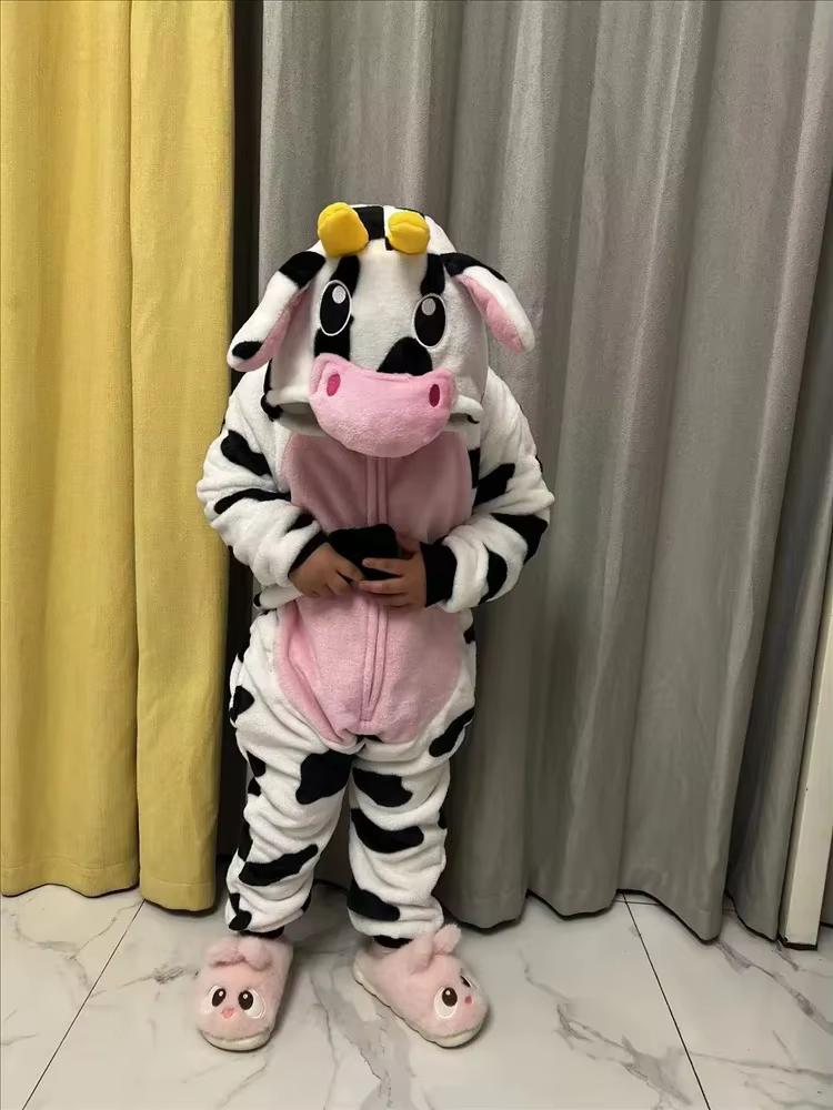 Onesies Children Cow Cartoon Onesie Boys Girls Flannel Pajamas Animal Cosplay One Piece Sleepwear Children Jumpsuits