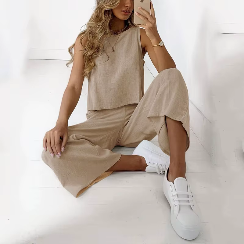 Casual Women's Clothing Suit O Neck Two Pieces Set Loose Sleeveless Solid Color Wide Leg Simple Comfortable for Famale Outdoor
