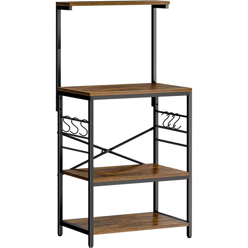 Kitchen Bakers Rack, Coffee Bar Table 4 Tiers, Kitchen Microwave Stand with 6 S-shaped Hooks, Kitchen Storage Shelf Rack for