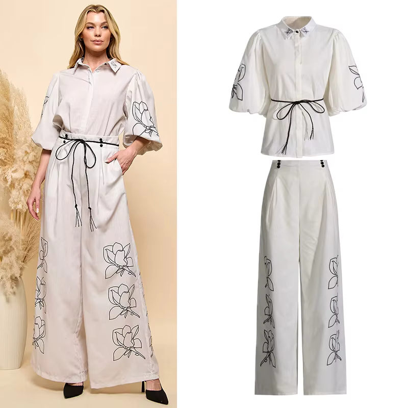 Summer New Women Sets Cotton Linen Stand Collar Lantern Sleeve Loose Flower Tops Wide Leg Oversize Pants Party Holiday Clothes
