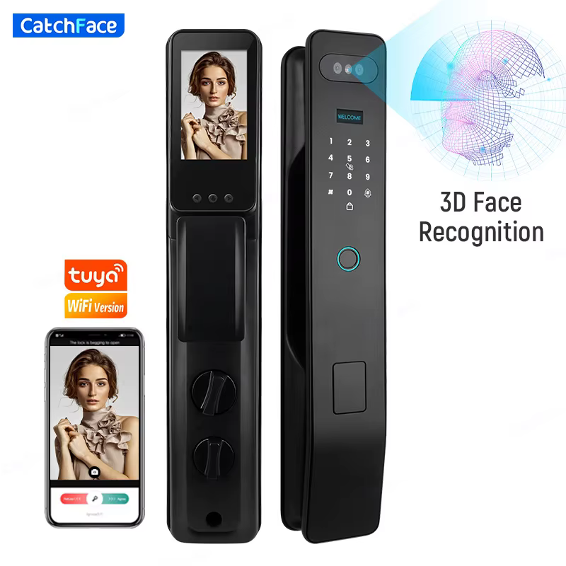 Portuguese Facial Recognition Automatic Door Lock TUYA Front Door Fingerprint Smart Lock Digit Camera Visible Inner Screen