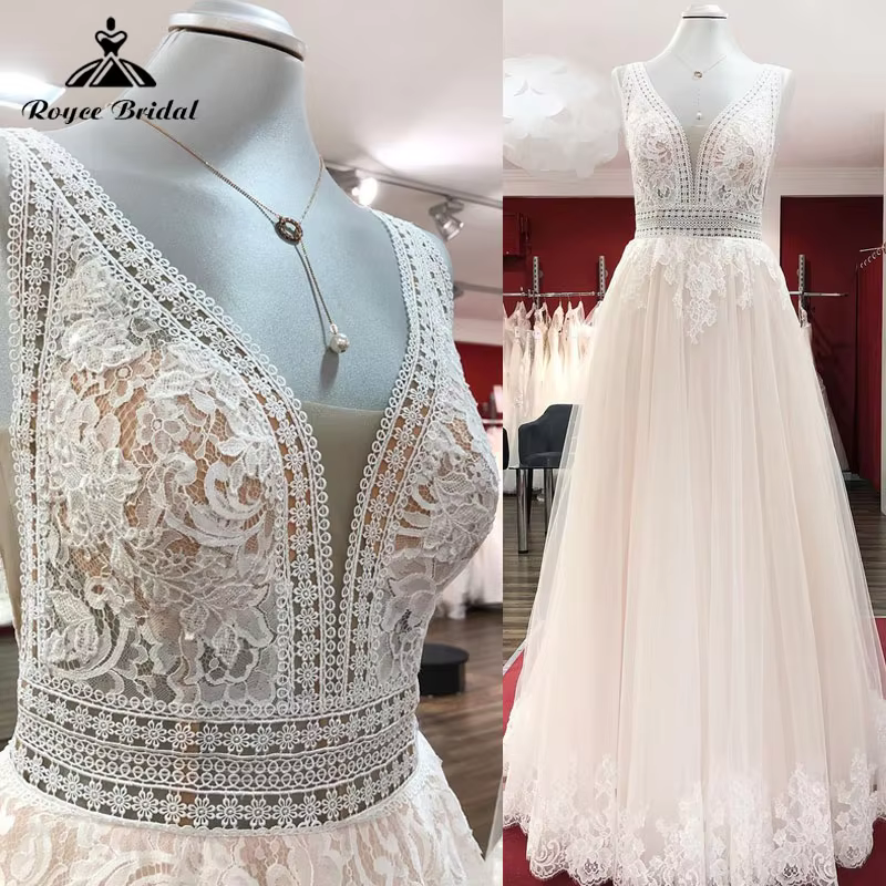 Vintage Boho Champagne Wedding Dress Lace Appliques V Neck Sleeveless Sweep Train 2025 Vestidos Elegant Birdal Civil Customized 