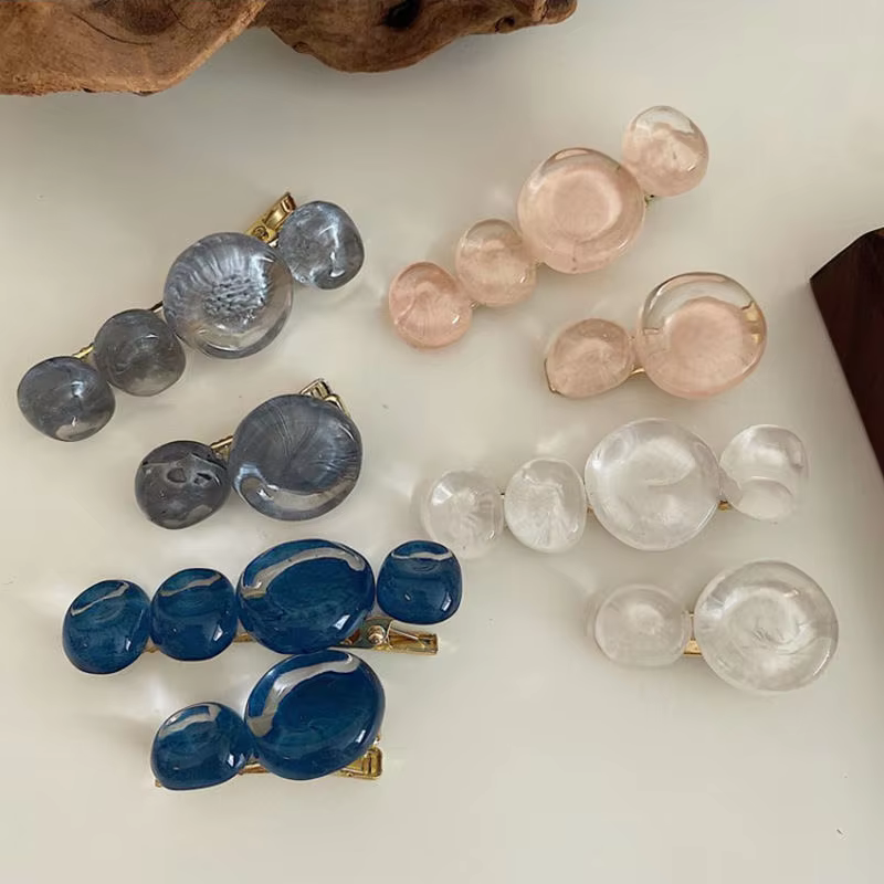 Retro Geometric Irregular Hair Clip Resin Round Bead Duckbill Pins For Women Imitation Marble Pattern Hair Barrette Accessories