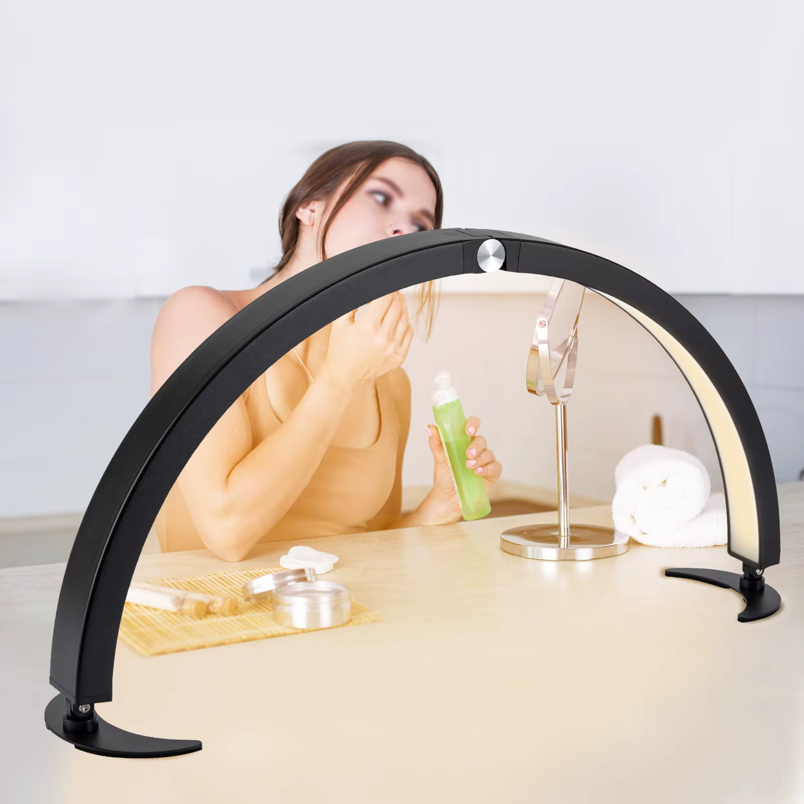 Crescent Moon Nail Desk Lamp 28 Inch Eyelash LED Table Lamp 40 W Foldable Cosmetic Lamp with Remote Control Manicure Light