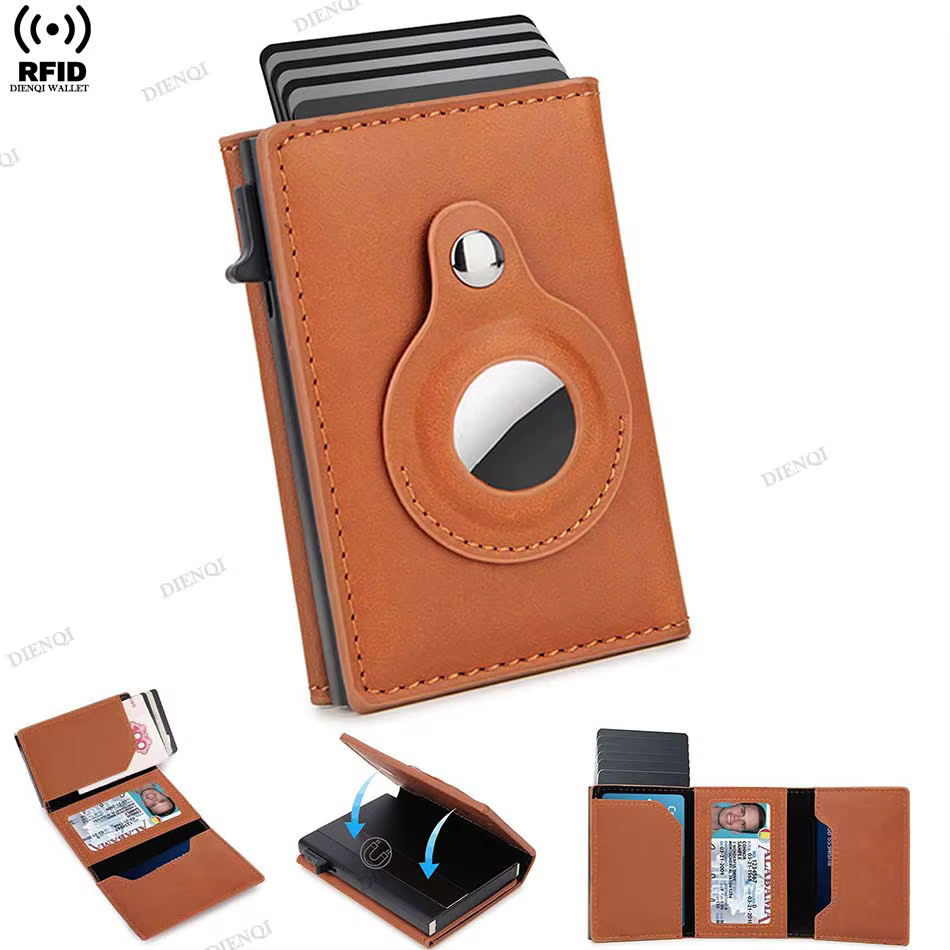Anti Theft Mens Wallet Credit Card Holder Smart Wallets for Apple Air Tag RFID Blocking Slim Carbon Fiber AirTag Brown Walet
