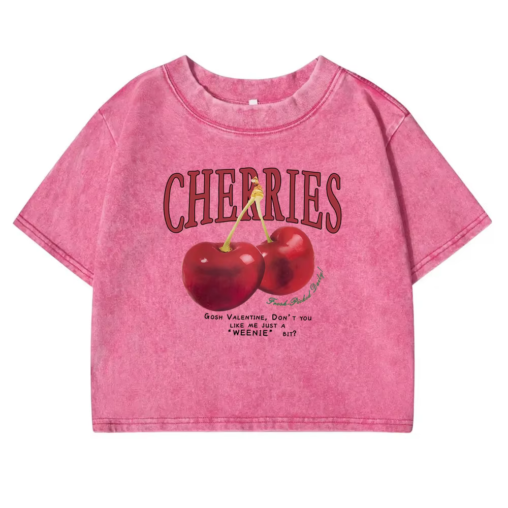 Red Cherries Letter Printed Female T-shirt Fashion Summer Washed Clothing Casual Cotton Crop Top Retro Tee Shirts For Women