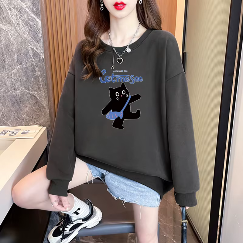 Women's Casual Easy-cotton T-shirt Cute Cat Graphic Box Loose Fit Man-to-Man TS3054