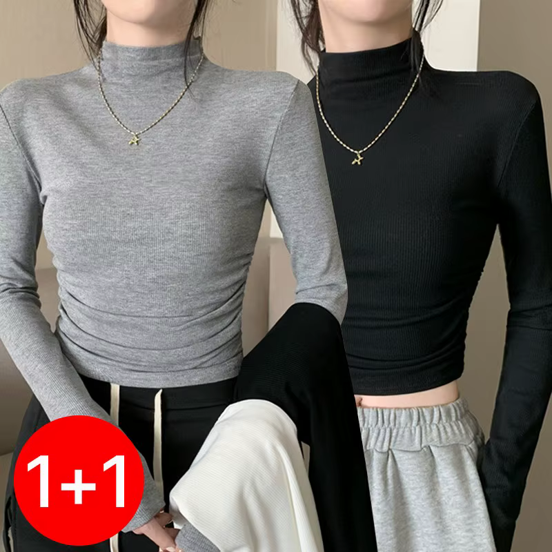 Half Polas Panner T-shirt Women's Solid Simple Slim-fit Fall Long-sleeved Short-Top-season Daily Look TS2917