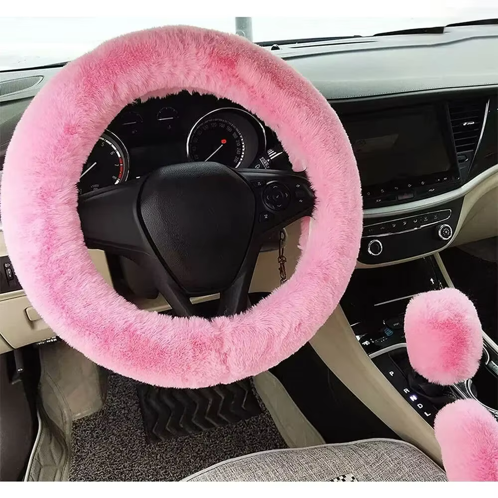 Plush Steering Wheel Cover + Gear Cover + Handbrake Cover (3-piece Set) Pink Fashion Fluffy Steering Wheel Covers For 38cm (14.9