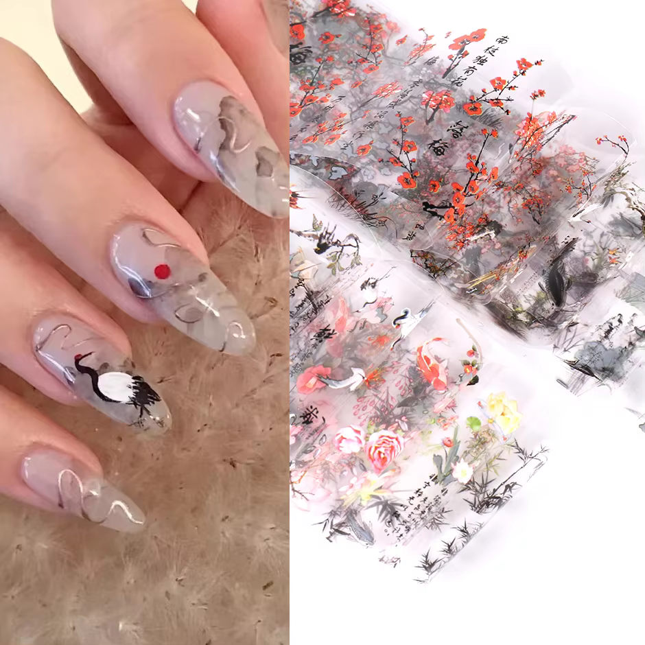 10pcs Chinese Style Nail Art Foils Ink Painting Characters Cloud Crane Design Transfer Sliders New Year DIY Decor Stickers DXK12