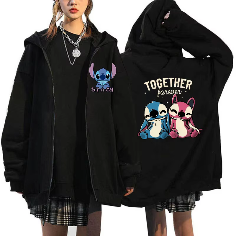 Women's Zip Hoodies Disney Role Play Lilo & Stitch Graphic Print Sweatshirt Winter Outerwear Girls Student College Clothing Tops