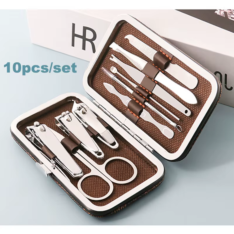10pcs Nail Clipper Manicure Set Leather Box Stainless Steel Manicure Kit Home Nail Care Tools Portable kit Gift Nail Clipper Set