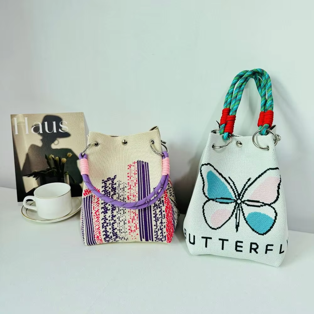 Butterfly Knitted Bucket Bag Women's Fashion Handbag Versatile Knitted Wrist Bag Shopping Handbag Cute Handbag