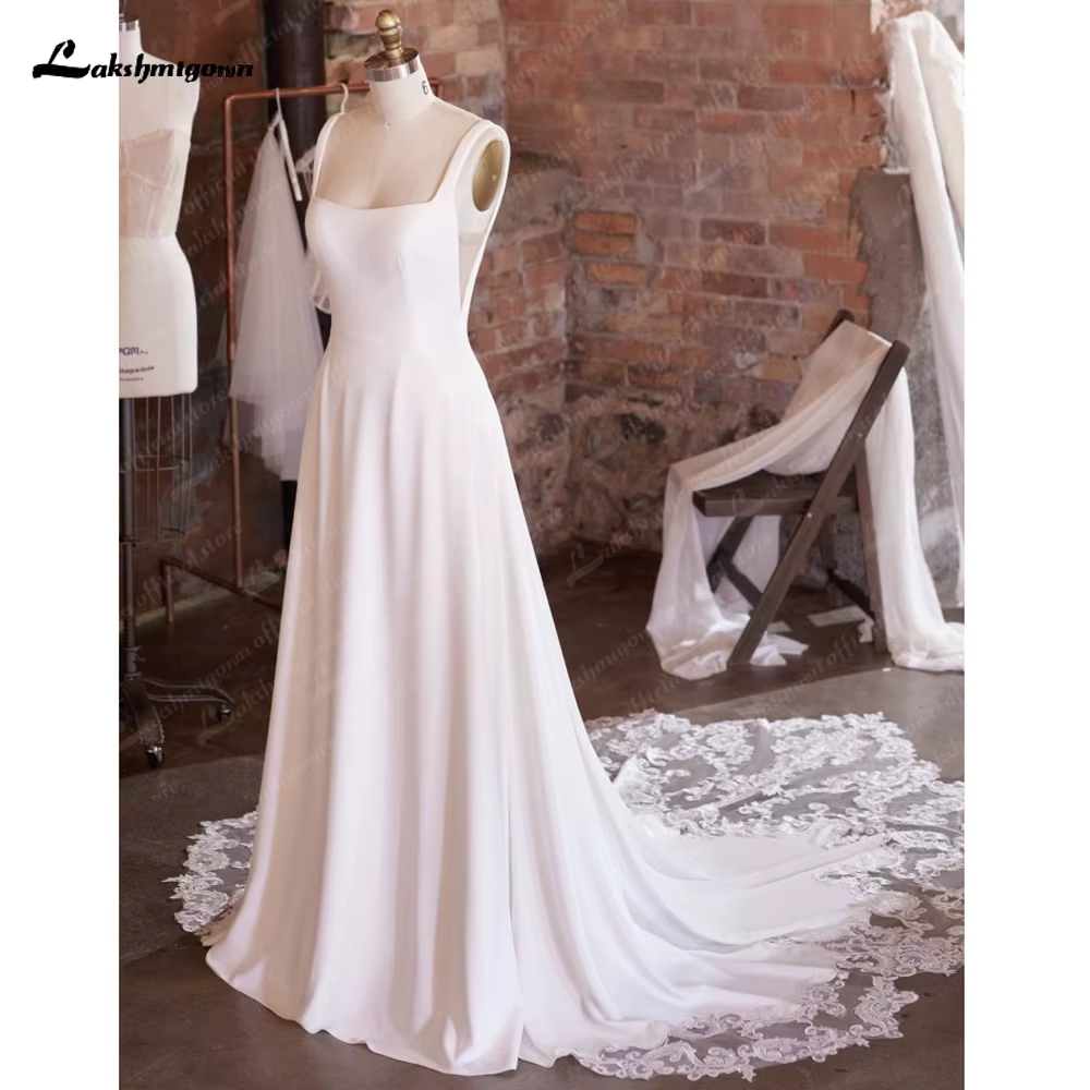 Lakshmigown Sexy Scoop Neck Wedding Dress Customized Court Train Sleeveless Robe De Mariee Elegant Crepe Bride Gown For Women