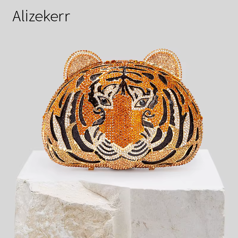 Three-D Tiger Head Crystal Evening Clutch Bags For Wedding Party Metal Rhinestone Novelty Purses And Handbags Luxury Designer