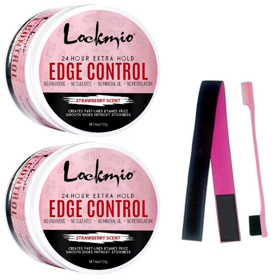 LOCKMIO 113g Women Edge Control Gel Kit Strawberry Scent Smooth Control Frizz Cream Strong Hold Gel Wax Tames Flyaways Hair 4pcs