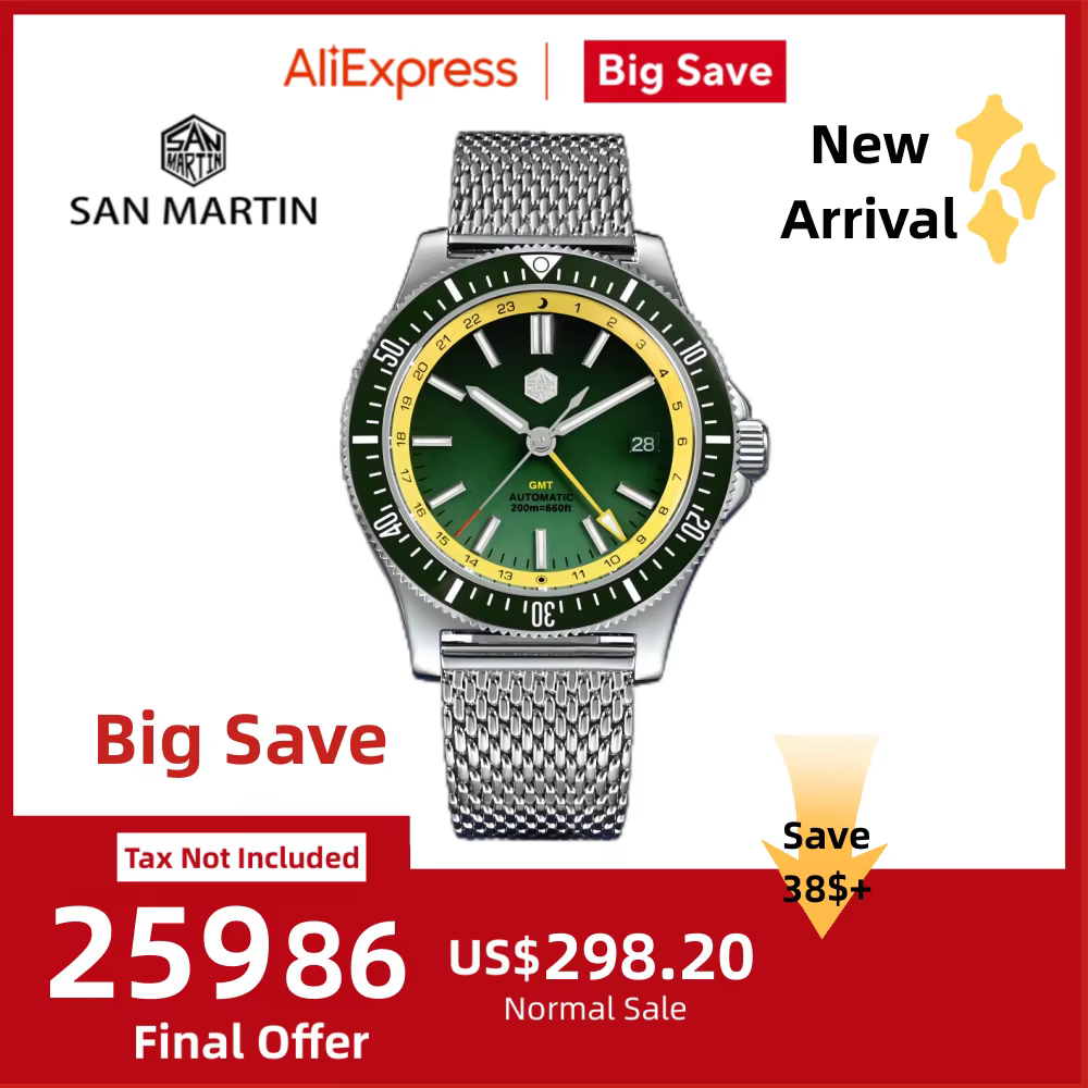 San Martin Original GMT 3H Date 41mm Automatic NH34 Wristwatch Mesh Bracelet Sapphire 200m Waterproof Relogios Masculino SN0119