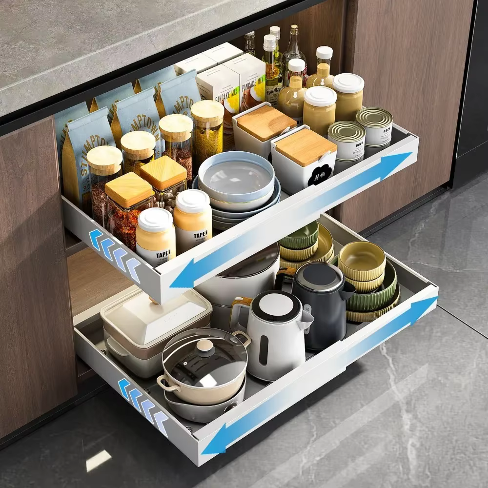 Kitchen storage rack with slide rail, retracable slide-out drawer cabinet, mockup sink cabinet,