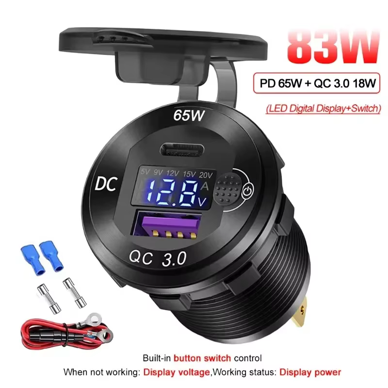 83W PD Car Charger 12-24V USB Outlet Laptop USB-C PD 65W & QC3.0 USB Port Socket with LED Voltmeter Switch for Motorcycle Car RV