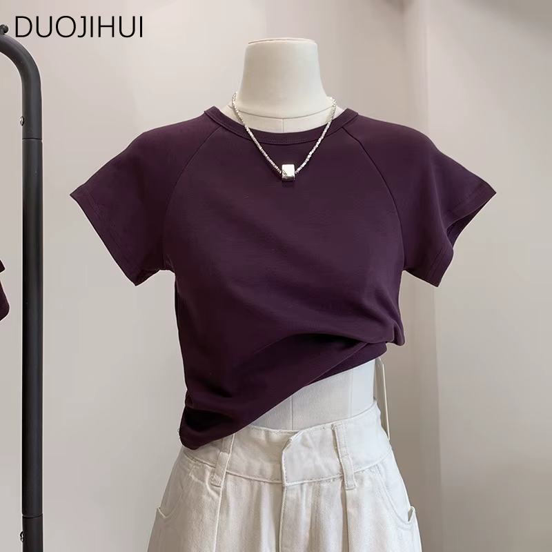 DUOJIHUI Summer Slim Solid Color Classic O-neck Female T-shirts American Short Sleeve Fashion Simple Purple Black Women T-shirts