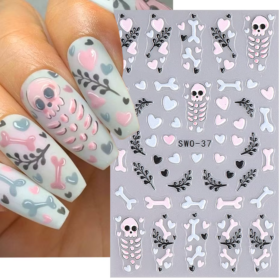 Cartoon Skull Halloween Nail Art Stickers Pink Bones Ghost Cat Moon Tree Owl Stripes Lines Winter Christmas Manicure Decoration