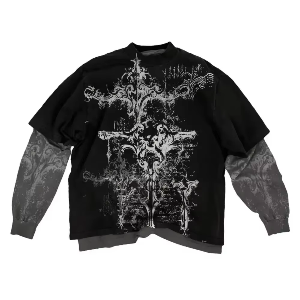 2000s American Skull Pattern Long sleeved T shirt Fashion Round Neck Oversized T shirt New Mens Casual Gothic Clothing Tops