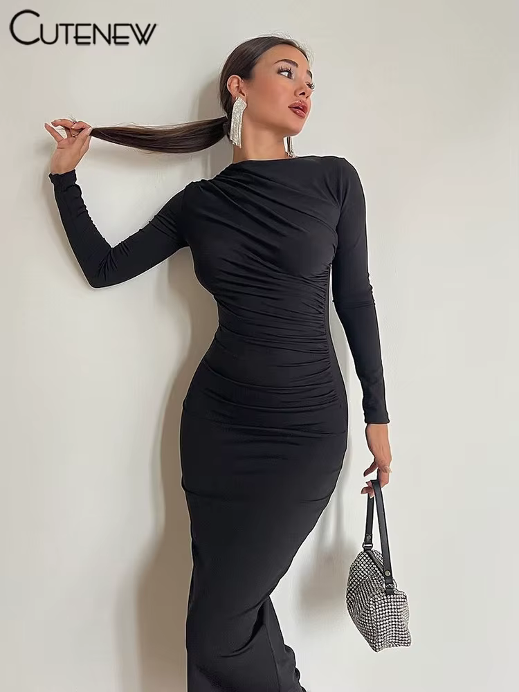 NIBBER Women's Elegant Solid O-neck Patchwork Maxi Dress Full Long Sleeves Body-shaping Robe Lady Evening Attirewear Vestidos
