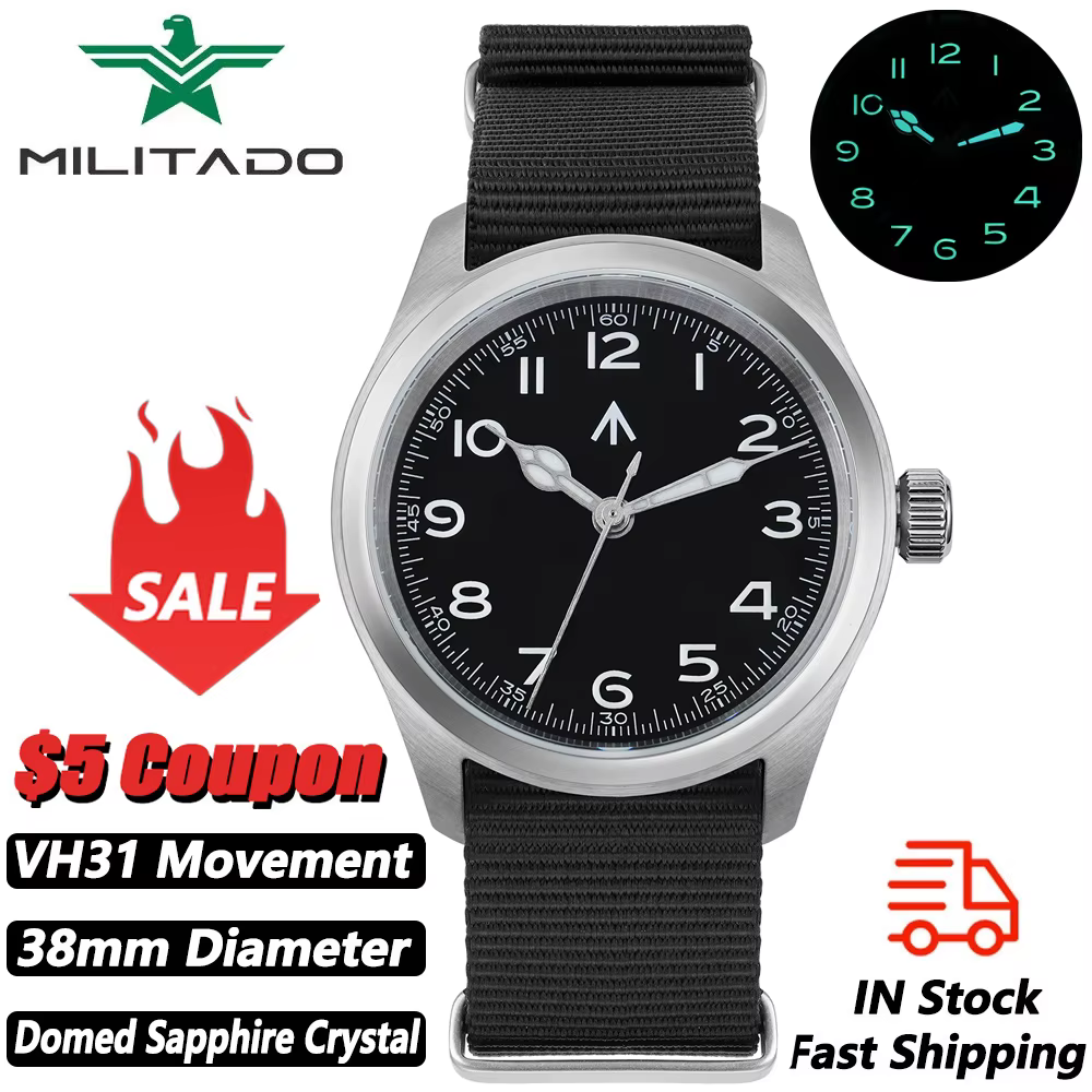 Militado ML08 38mm Quartz Watch VH31 Movement Double Domed Sapphire Crystal Wristwatch Super C3 Green Luminous Vintage Watches