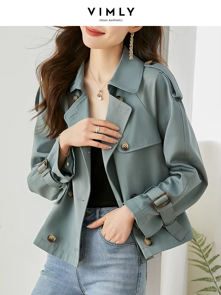 Vimly Korean Fashion Short Trench Coat for Women 2024 Spring Elegant Double Breasted Notched Long Sleeve Crop Jackets Outerwear
