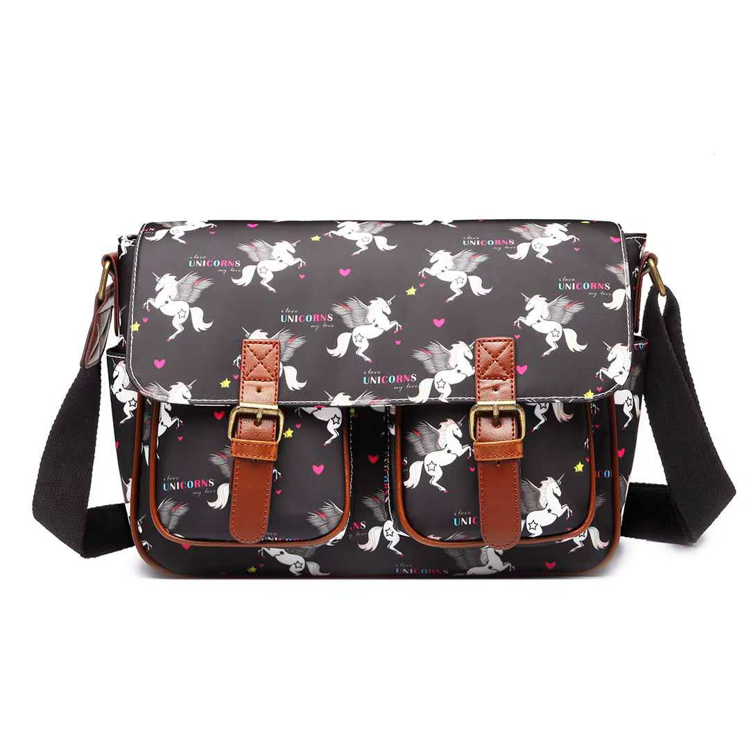 Miss Lulu Black Unicorns Satchel: Matte Oilcloth Waterproof Women's Shoulder Bag for Shopping and Working