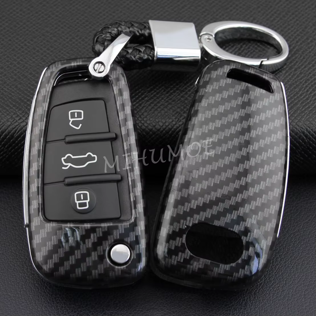 For Audi A1 A3 S3 Q3 Q7 TT Carbon Fiber Car Flip Key Fob Holder Keychain Case Protect Cover Accessories