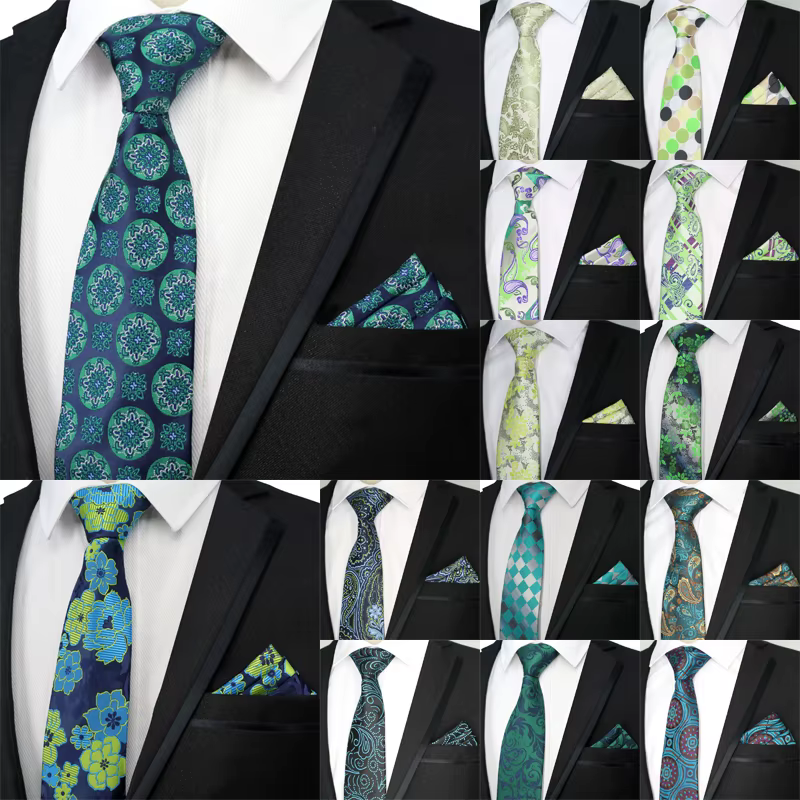 Newest Tie Set 8CM Mens Necktie Handkerchief Neck Ties Sets For Man Green Color Plaids Stripes Jacquard Cravat Business Party