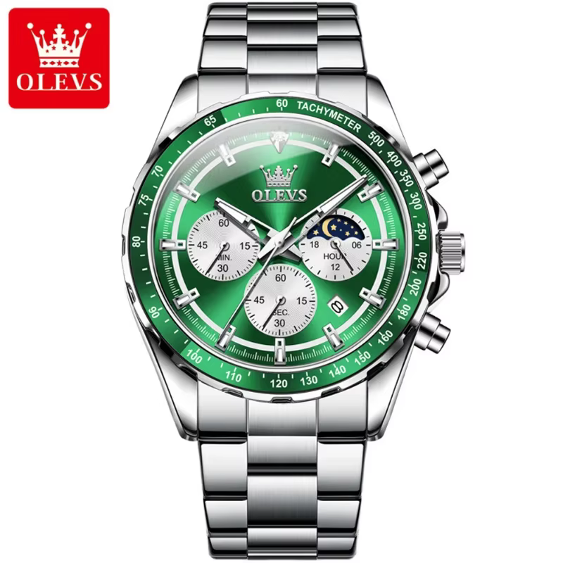 OLEVS 2945 Men's Quartz Watch High Quality Luminous Moon Phase Chronograph Watches Stainless Steel Waterproof Fashion Wristwatch