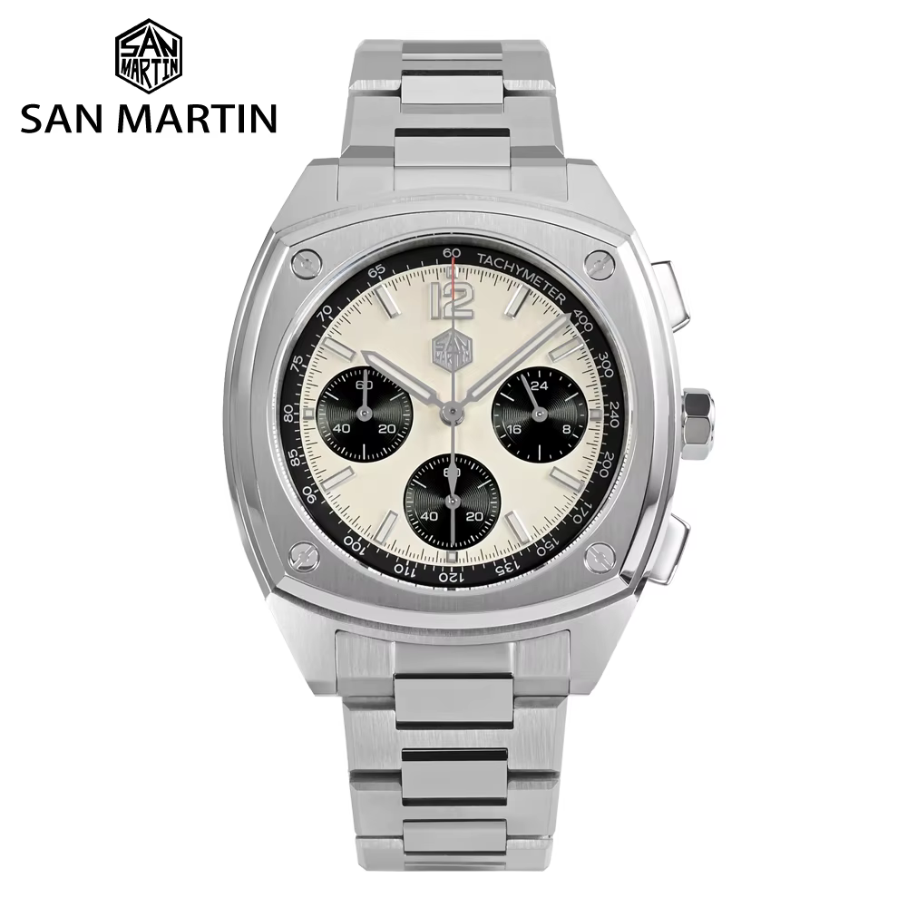 San Martin VK63 New 39.5mm Mens Sport Quartz Watch Stainless Steel Luxury Business Chronograph Waterproof Sapphire Clock Reloj