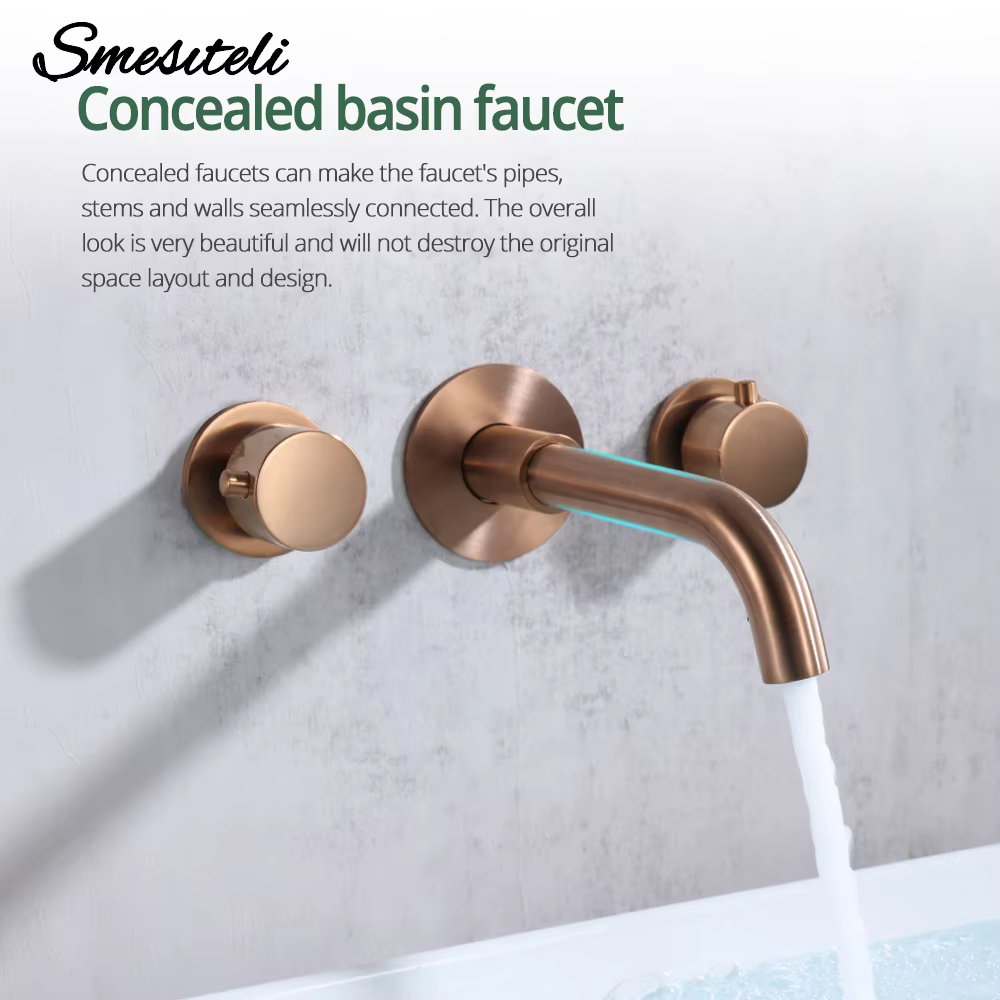 Brushed Rose Gold Basin Faucet Sink Faucet Wall Mounted Basin Mixer Knob Control  Switch Hot And Cold Bathroom Tap